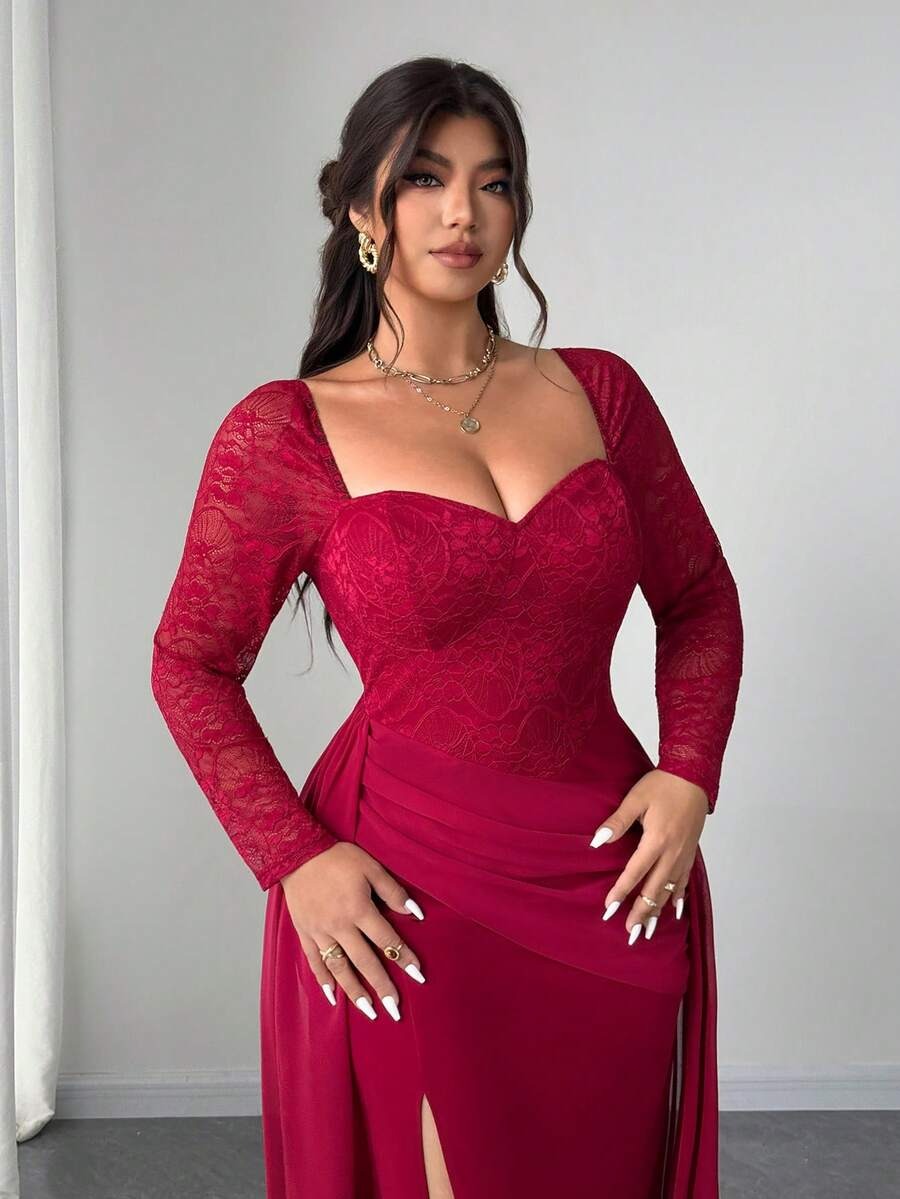 SHEIN Elenzga فستان سهرة أنيق لون عنابي بقصة ذيل السمكة