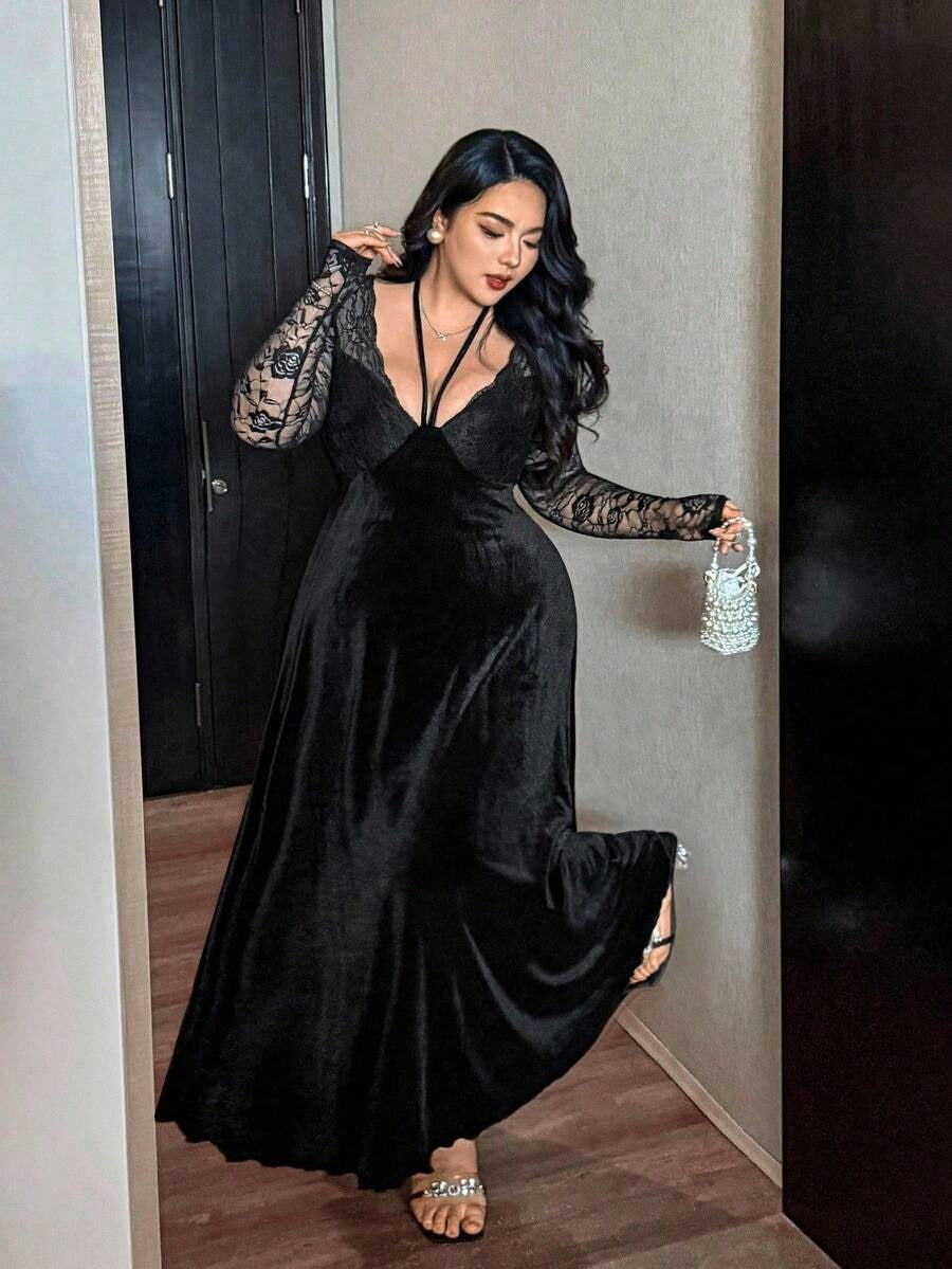 SHEIN Vibekara فستان ماكسي أنيق مخملي أسود بأكمام طويلة