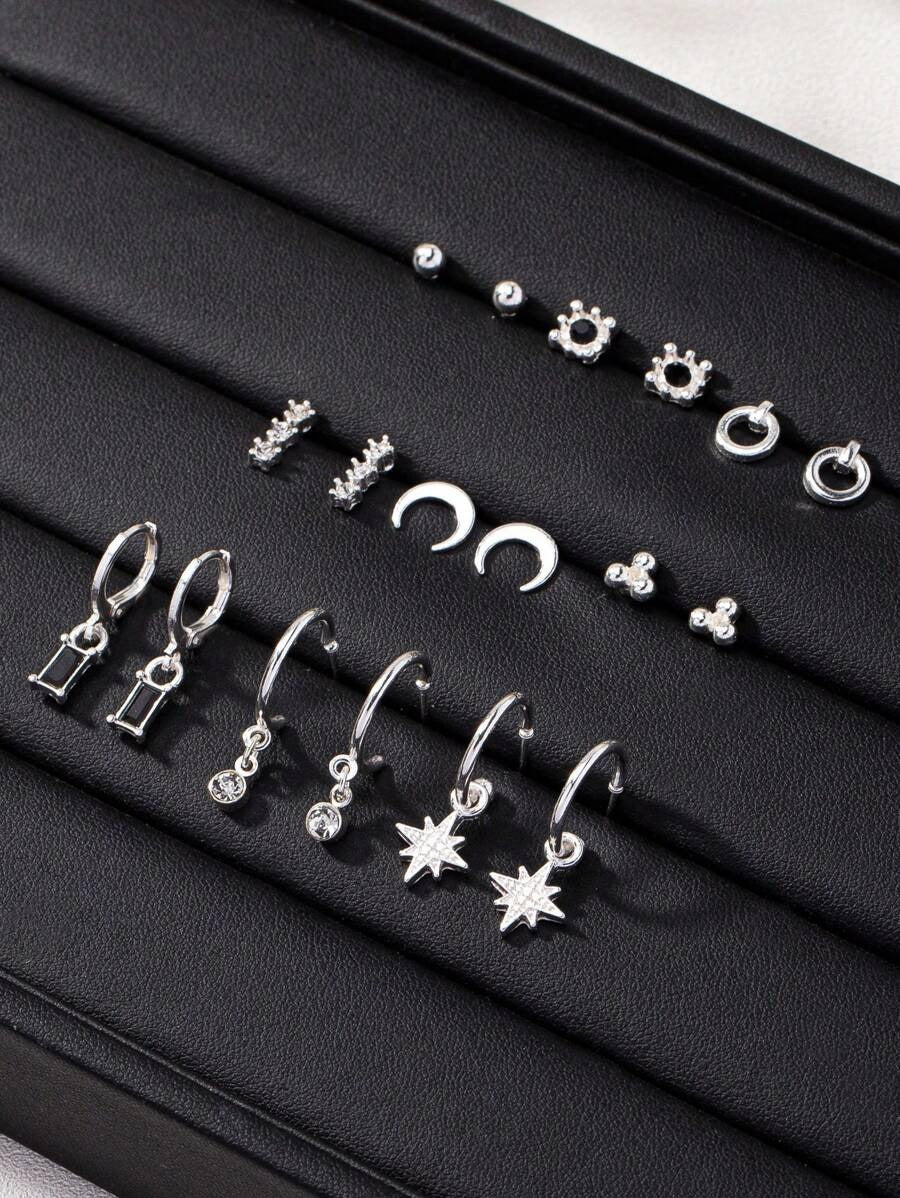 SHEIN طقم 9 أزواج أقراط فضية ناعمة بتصميمات متعددة