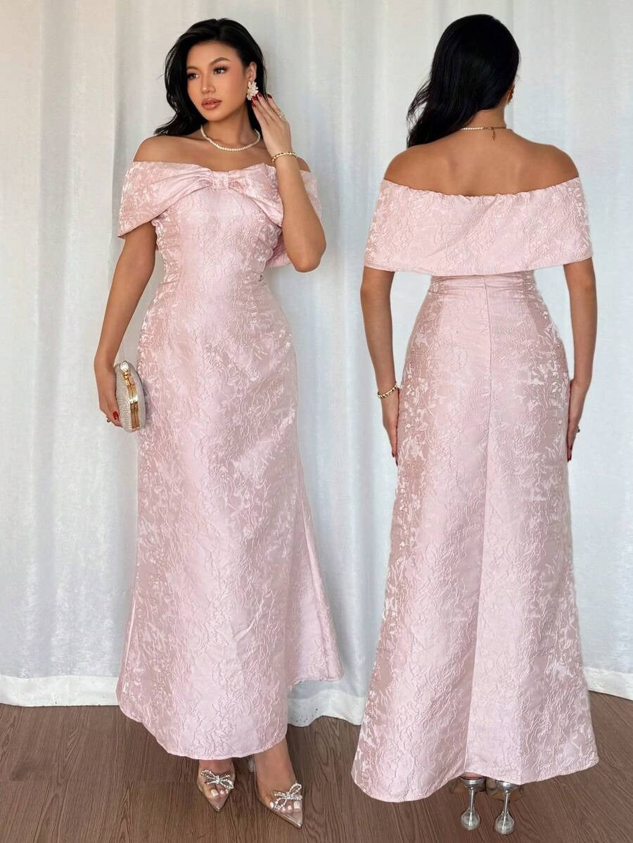 SHEIN Rafferiza فستان ساتان وردي  بكتف شكل فيونكة