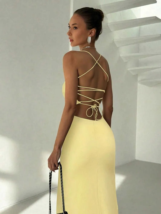 SHEIN Aloruh فستان نسائي صيفي أصفر مفتوح الظهر