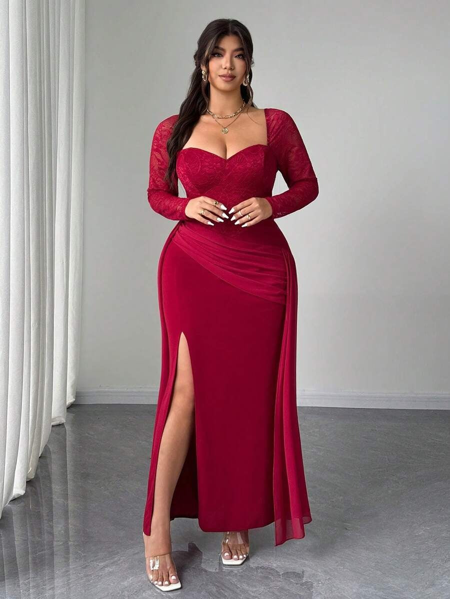 SHEIN Elenzga فستان سهرة أنيق لون عنابي بقصة ذيل السمكة
