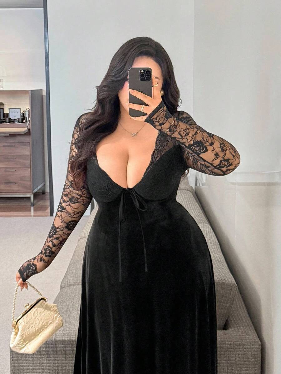 SHEIN Vibekara فستان ماكسي أنيق مخملي أسود بأكمام طويلة