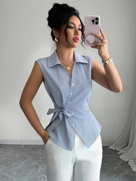 SHEIN GlowEve قميص نسائي بدون أكمام بطبعة مخططة وربطة أمامية