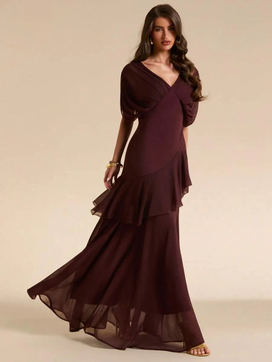 SHEIN BAE فستان نسائي بني داكن ماكسي شيفون عميقة وكشكشة على الذيل
