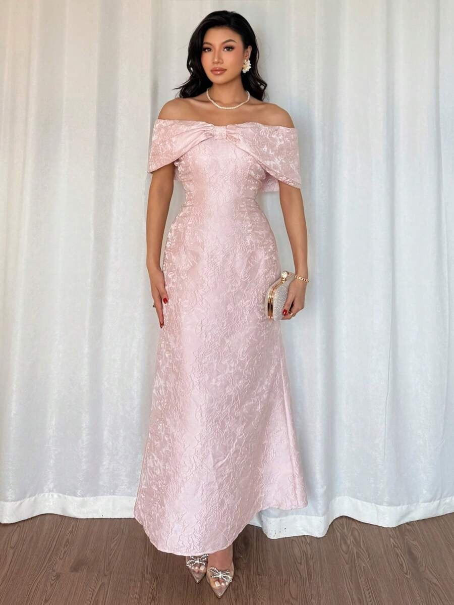 SHEIN Rafferiza فستان ساتان وردي بكتف شكل فيونكة