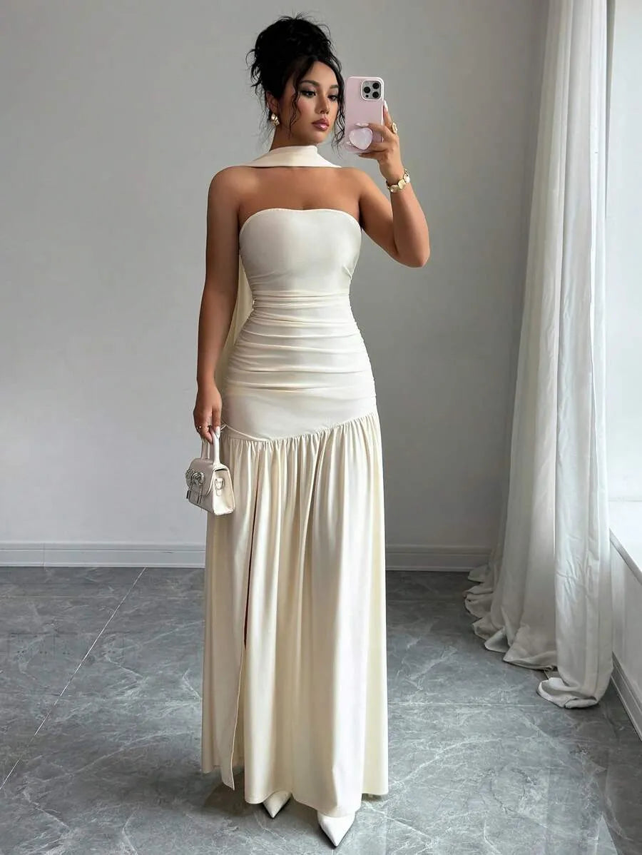 SHEIN Elenzga فستان مشمشي طويل مطوي الخصر بفتحة ذيل وقماش لامع بلا أحزمة