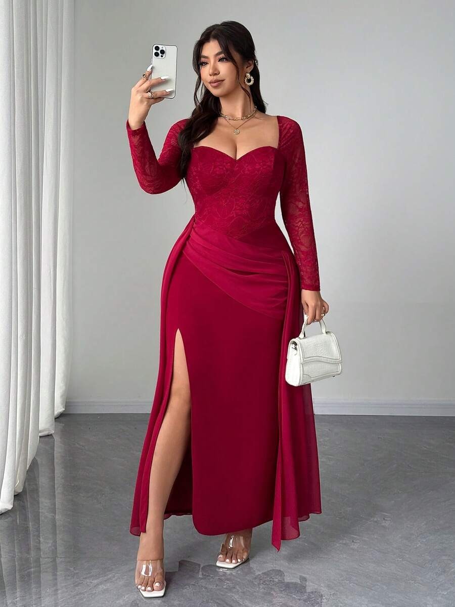 SHEIN Elenzga فستان سهرة أنيق لون عنابي بقصة ذيل السمكة