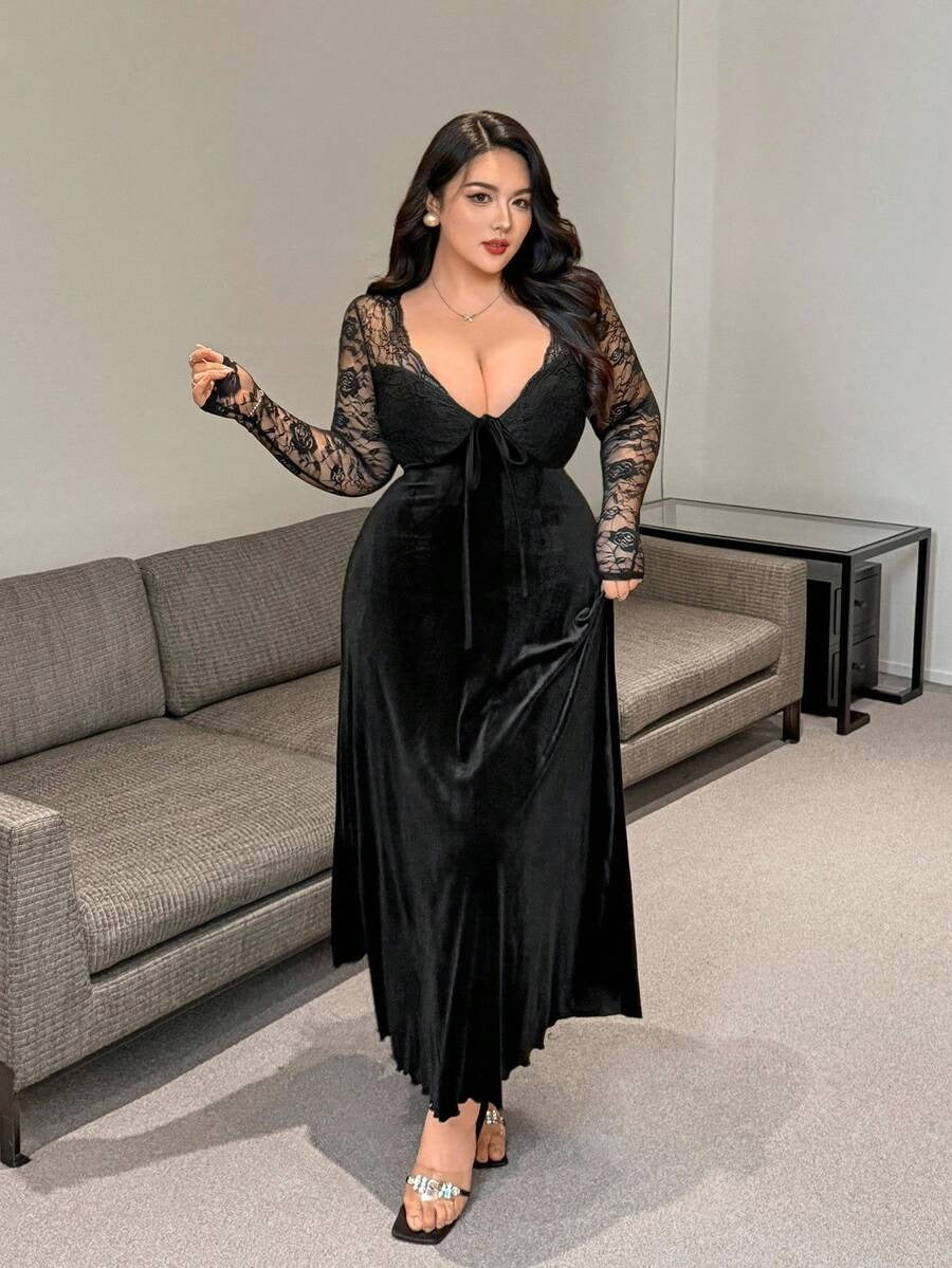 SHEIN Vibekara فستان ماكسي أنيق مخملي أسود بأكمام طويلة