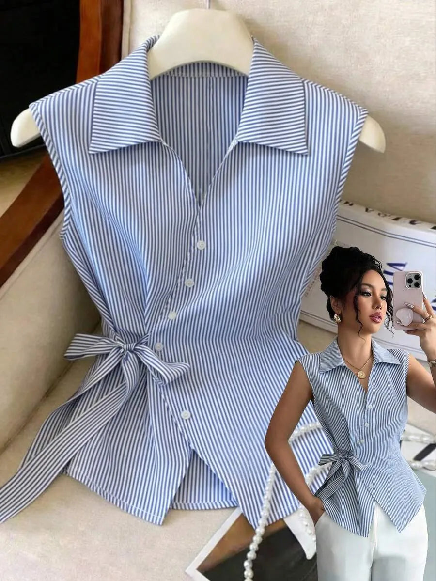 SHEIN GlowEve قميص نسائي بدون أكمام بطبعة مخططة وربطة أمامية