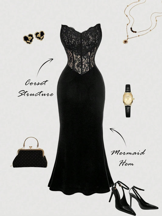 SHEIN MOD فستان مخملي أسود طويل بدون أكتاف بذيل سمكة