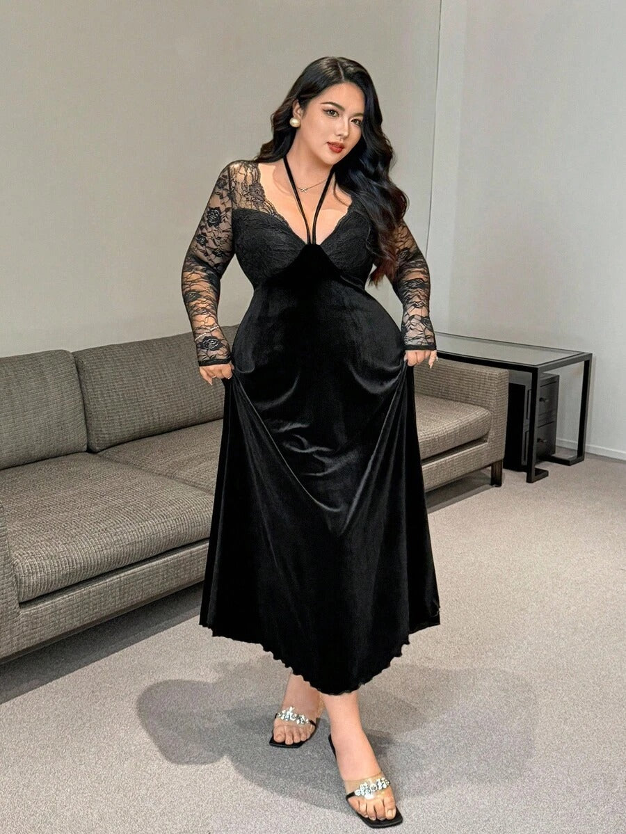 SHEIN Vibekara فستان ماكسي أنيق مخملي أسود بأكمام طويلة