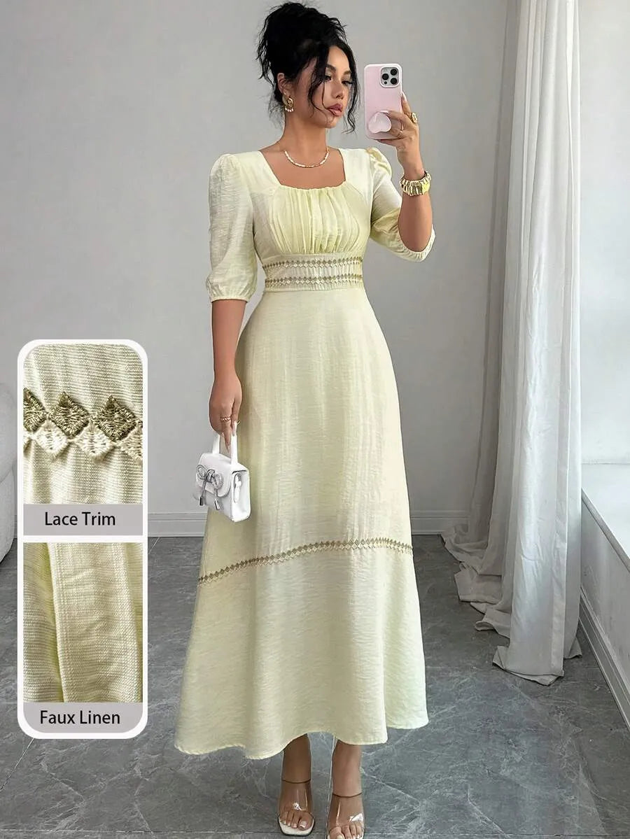 SHEIN Modelyn فستان ميدي بياقة مربعة فرنسية أصفر فاتح