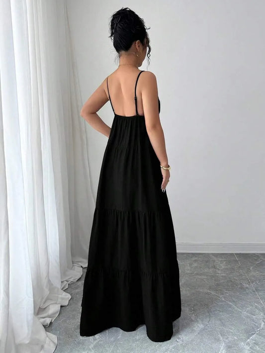 SHEIN LUNNELUX A-Line فستان ماكسي بتصميم  وبياقة بلون أسود