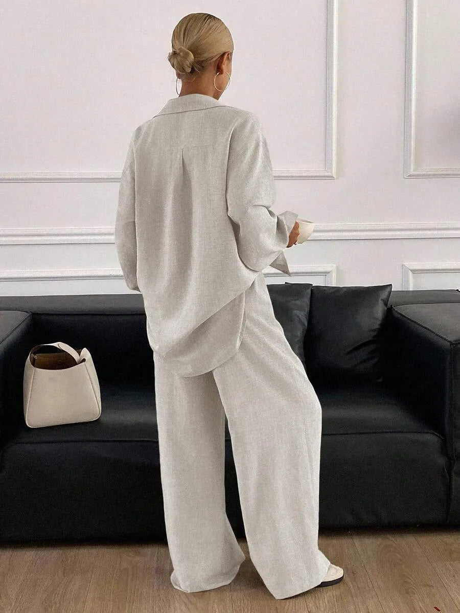 SHEIN طقم نسائي كاجوال قطعتين من الكتان الطبيعي (قميص فضفاض بأزرار + بنطلون واسع الساق)