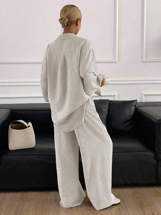 SHEIN طقم نسائي كاجوال قطعتين من الكتان الطبيعي (قميص فضفاض بأزرار + بنطلون واسع الساق)