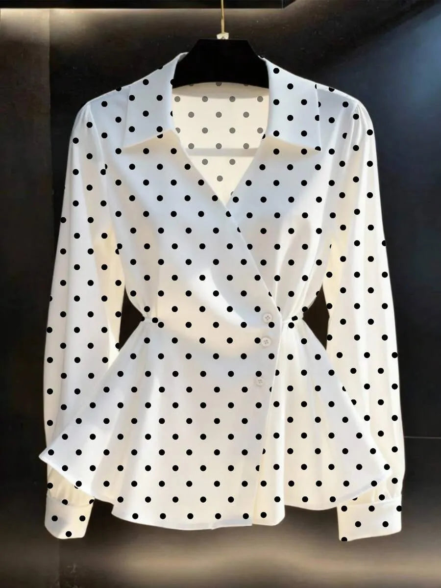SHEIN بلوزة نسائية بنقاط بولكا وياقة V ورباط خصر وأكمام طويلة
