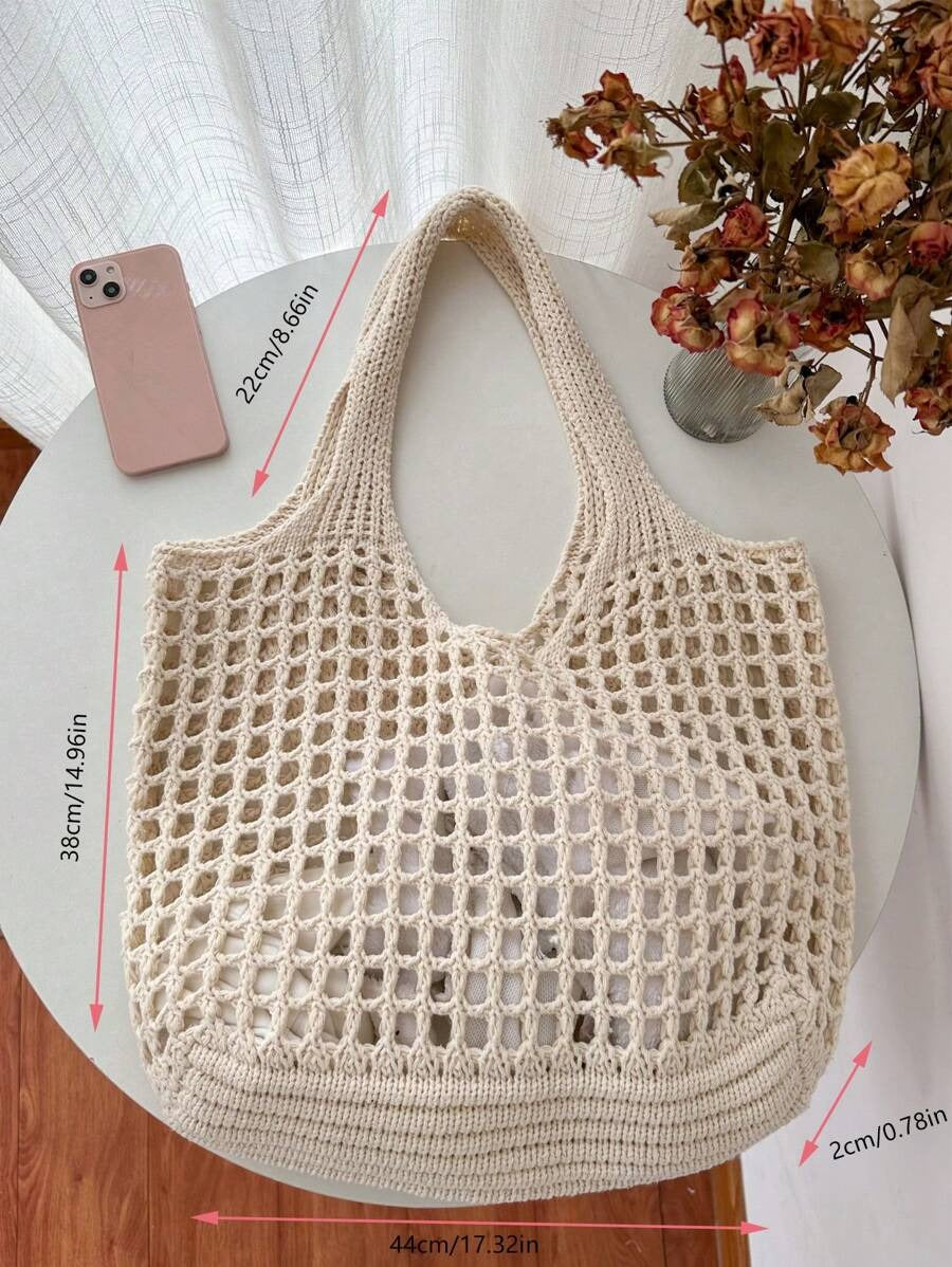 SHEIN حقيبة كتف كروشيه واسعة وعملية بتصميم كاجوال لون بيج
