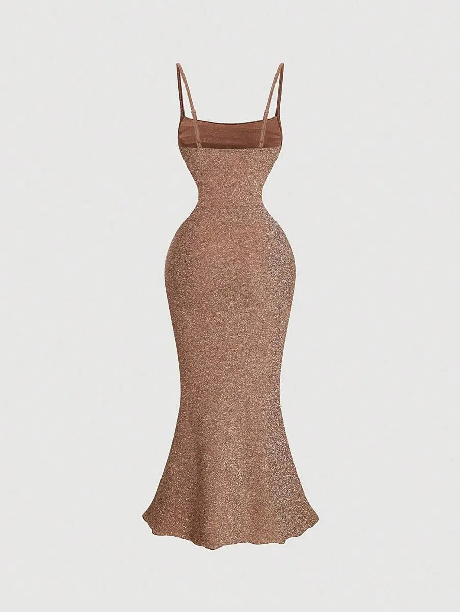 SHEIN MOD فستان نسائي بني طويل بطيات في الصدر وتصميم ذيل سمكة