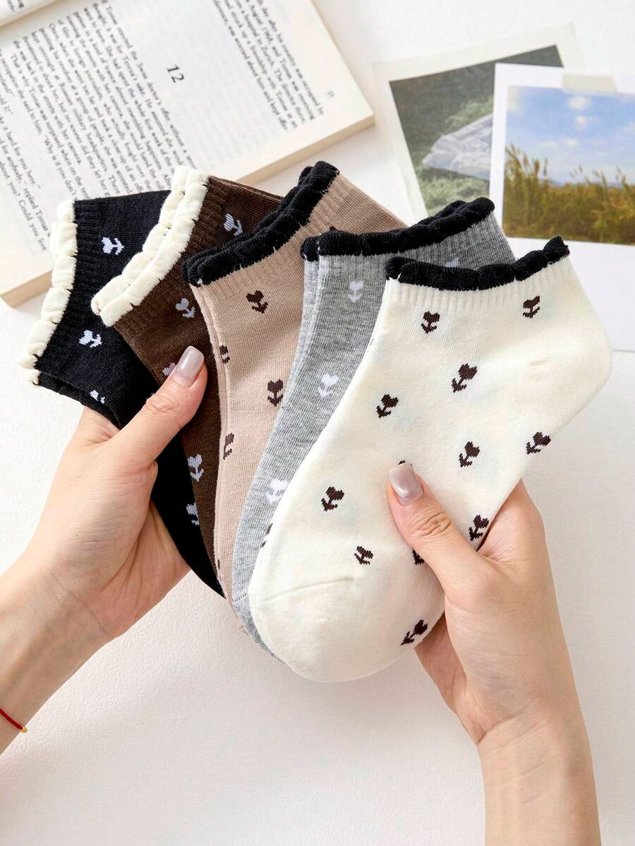 SHEIN ٥ أزواج جوارب كاحل بنقش زهور وألوان ناعمة