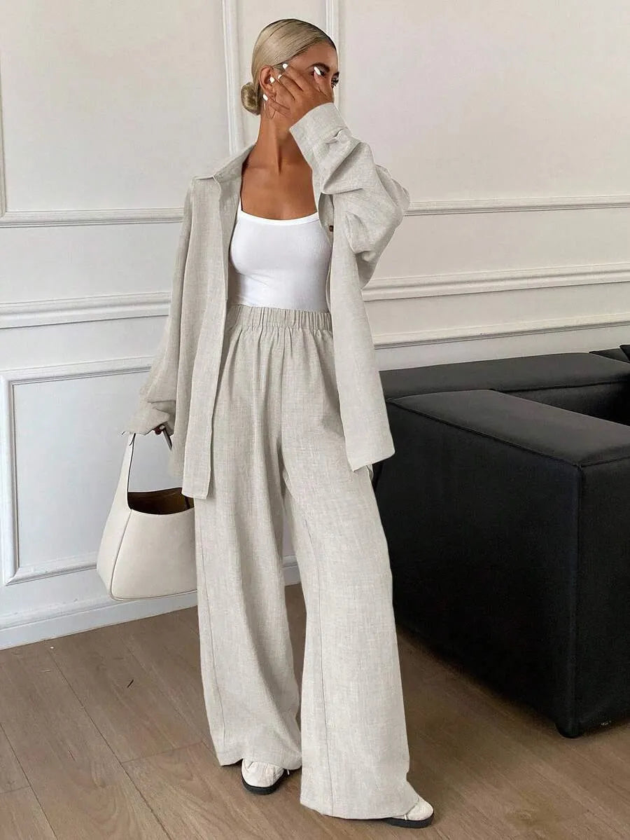SHEIN طقم نسائي كاجوال قطعتين من الكتان الطبيعي (قميص فضفاض بأزرار + بنطلون واسع الساق)