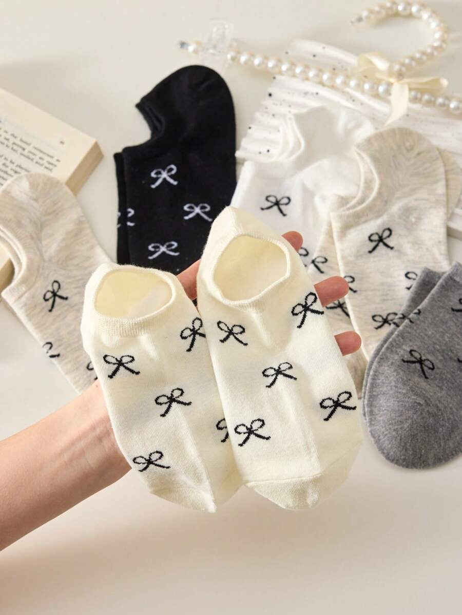 SHEIN جوارب نسائية 5 أزواج قارب مزينة بعقدة فراشة