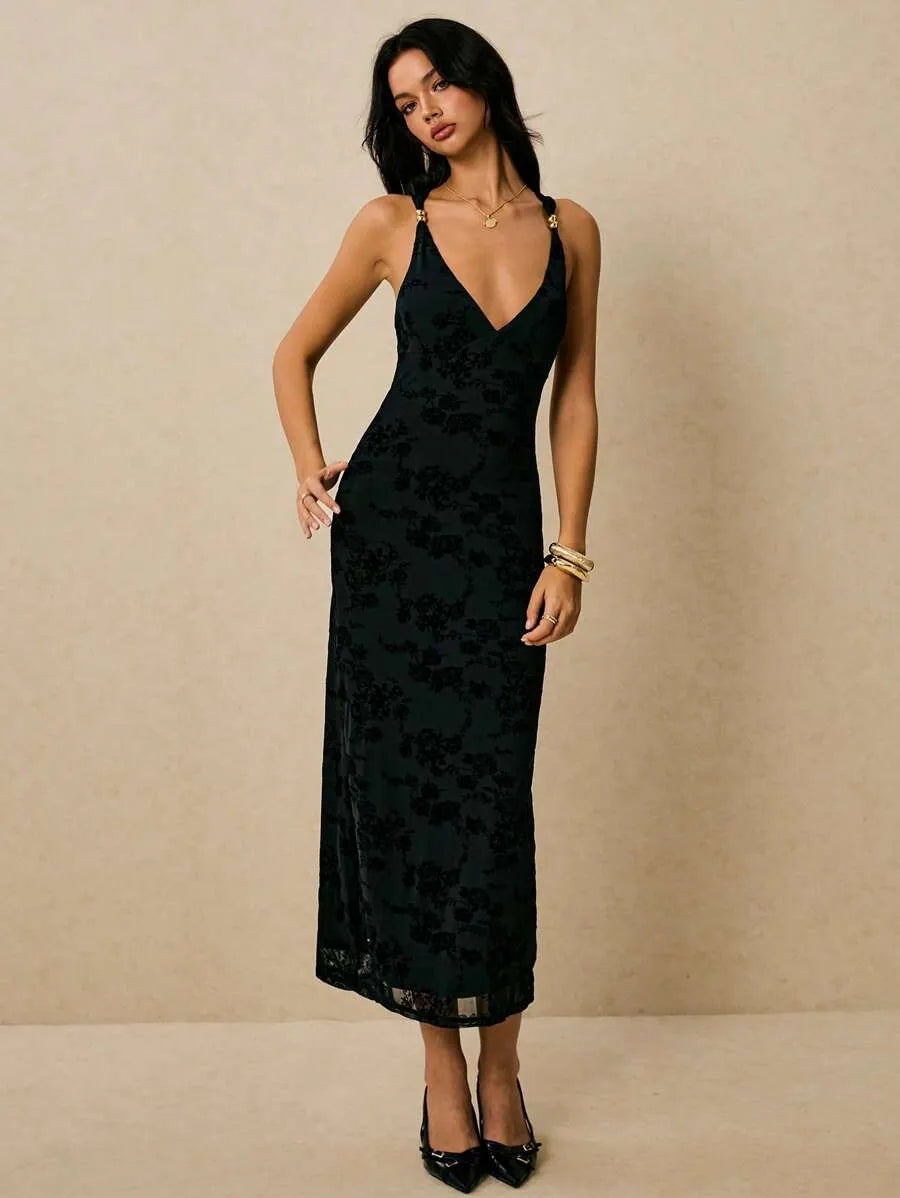 SHEIN Poéselle فستان طويل بتصميم مشدود وياقة عميقة بطبعة زهور بلون اسود