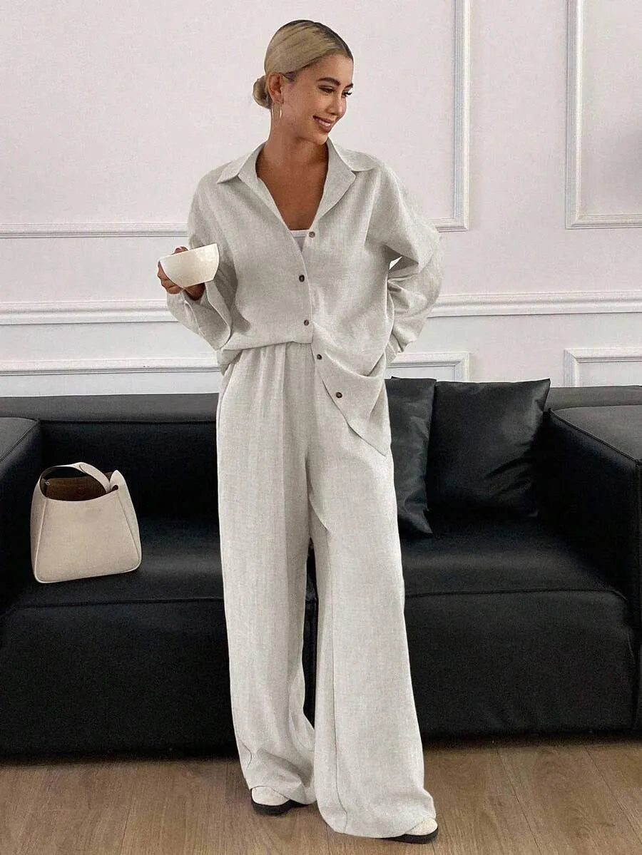 SHEIN طقم نسائي كاجوال قطعتين من الكتان الطبيعي (قميص فضفاض بأزرار + بنطلون واسع الساق)
