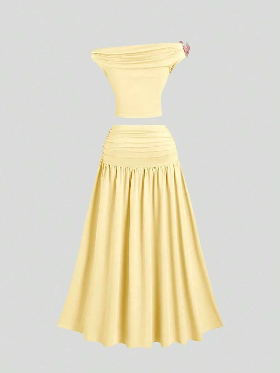 SHEIN Sweetra طقم نسائي أصفر أنيق من قطعتين بتصميم أكتاف مكشوفة