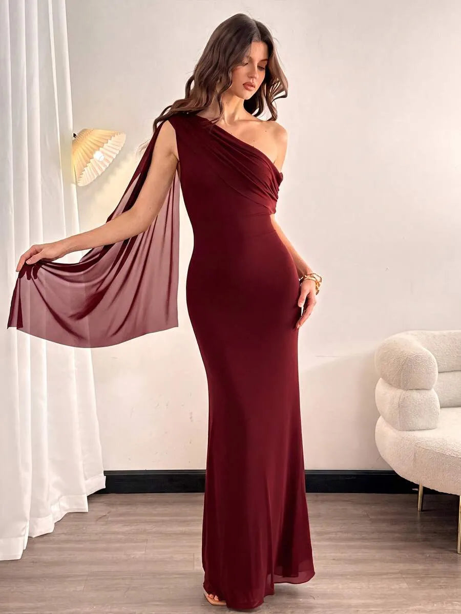 SHEIN Tall فستان نسائي أحمر عنابي بأكتاف مفتوحة ولون موحد