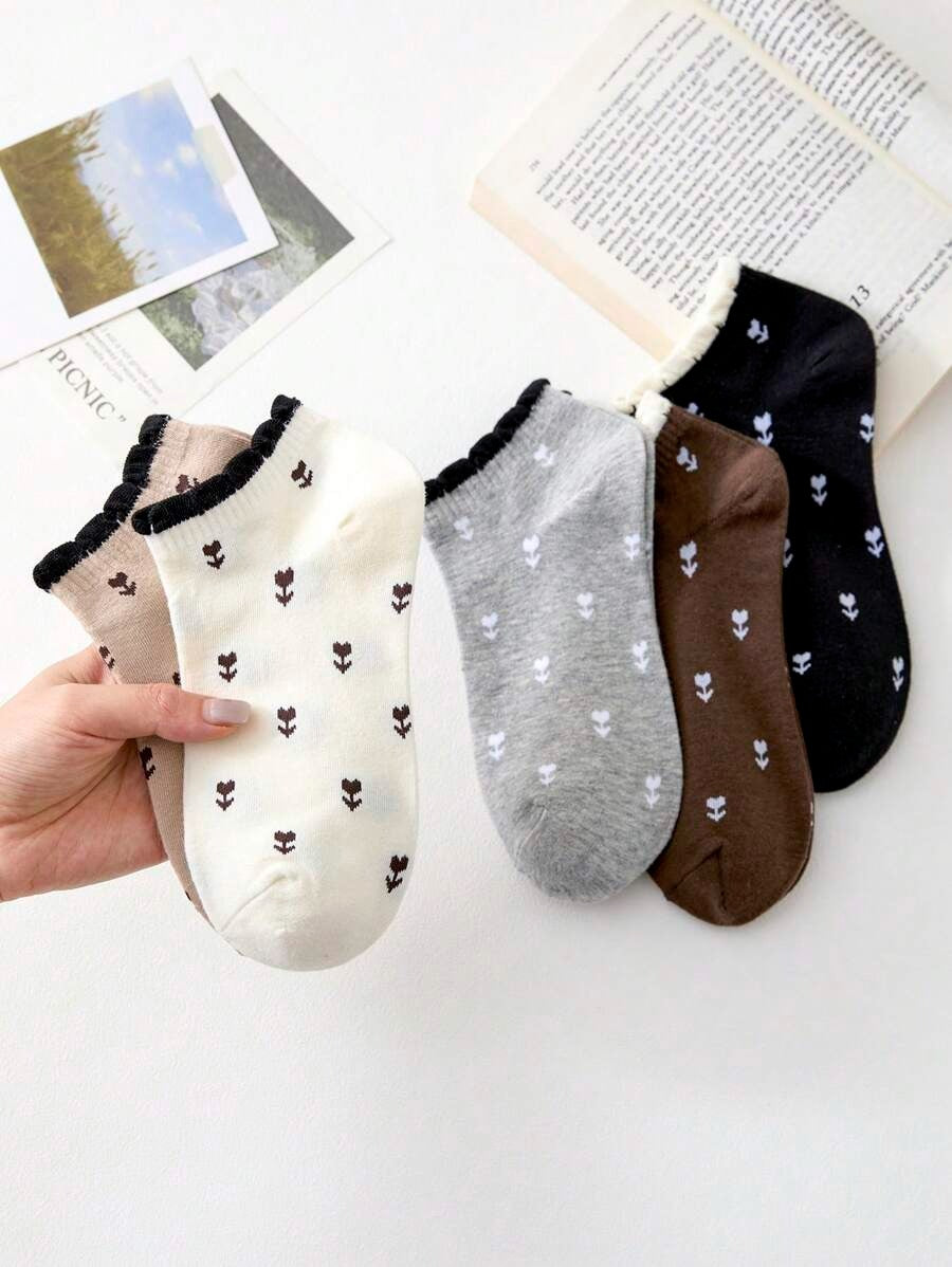 SHEIN ٥ أزواج جوارب كاحل بنقش زهور وألوان ناعمة