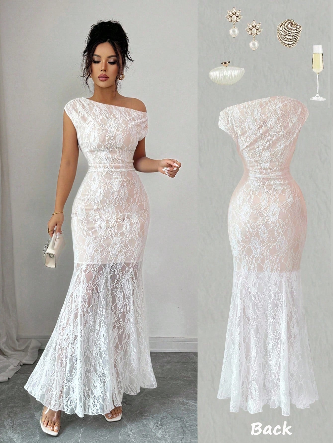 SHEIN Elenzga فستان محبوك أبيض بكتف مائل وفتحات دانتيل