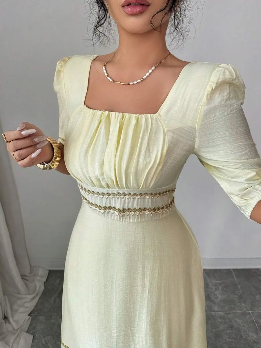 SHEIN Modelyn فستان ميدي بياقة مربعة فرنسية أصفر فاتح