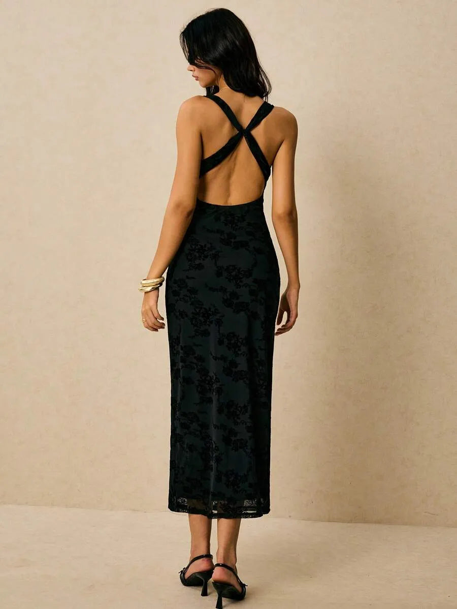 SHEIN Poéselle فستان طويل بتصميم مشدود وياقة عميقة بطبعة زهور بلون اسود
