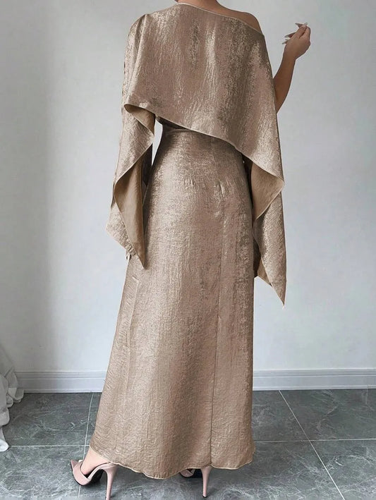 SHEIN Elenzga فستان ذهبي غير متماثل أطول من الركبة للنساء