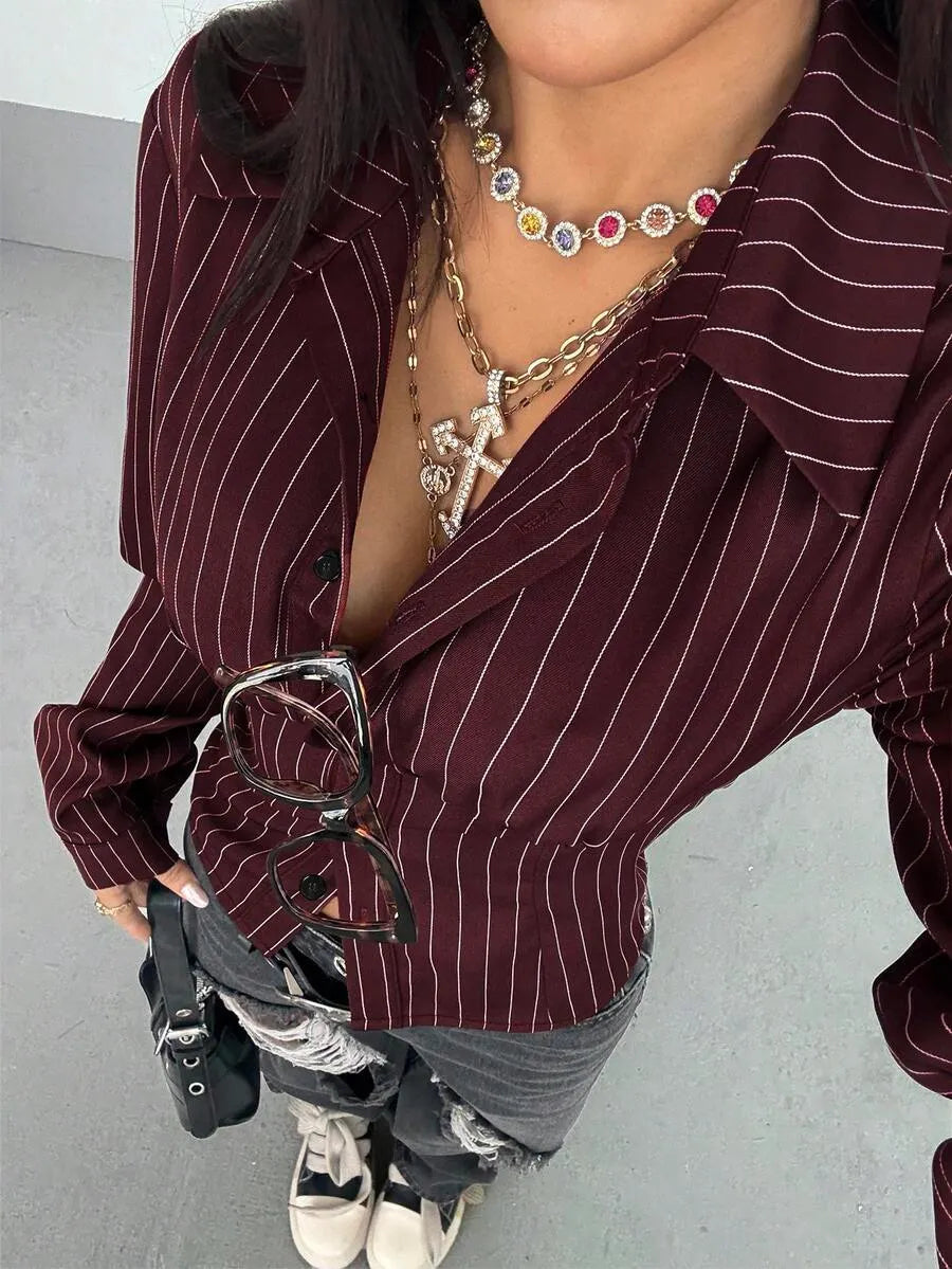 SHEIN StreetHx قميص نسائي مخطط ضيق بطراز رجعي