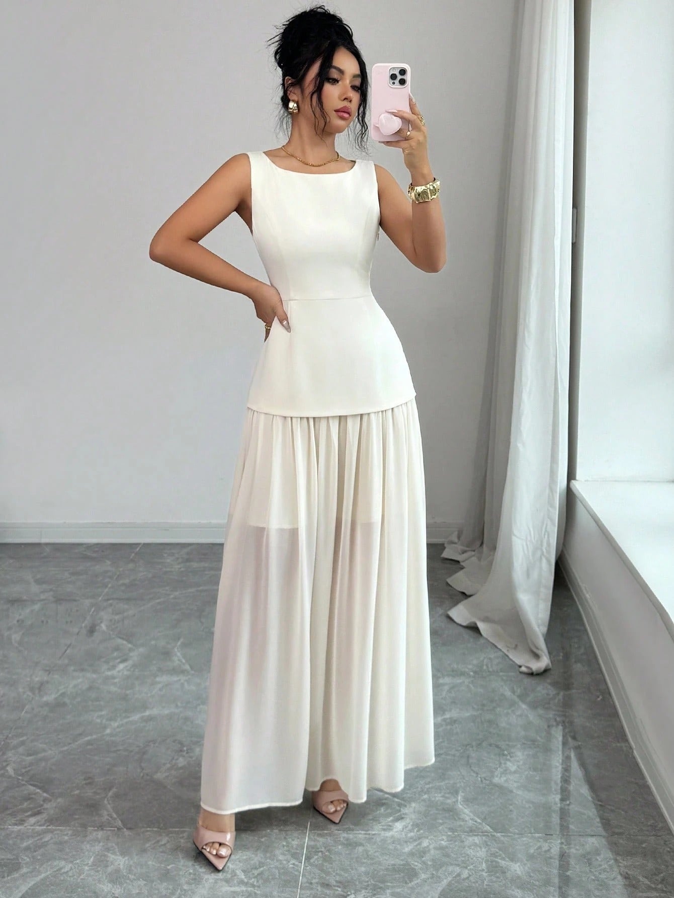 SHEIN Elenzya فستان شيفون بطابع فرنسي أنيق بلون مشمشي