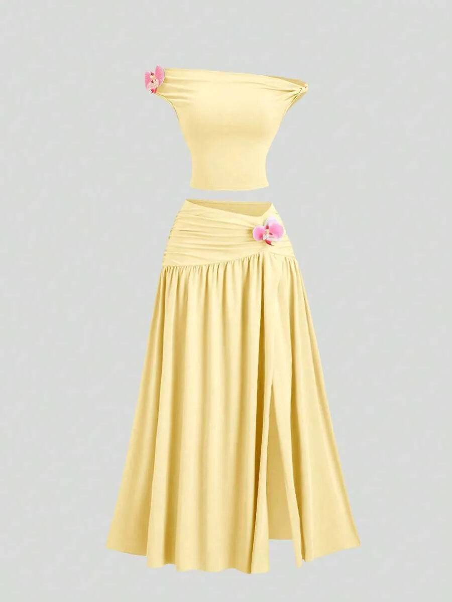 SHEIN Sweetra طقم نسائي أصفر أنيق من قطعتين بتصميم أكتاف مكشوفة