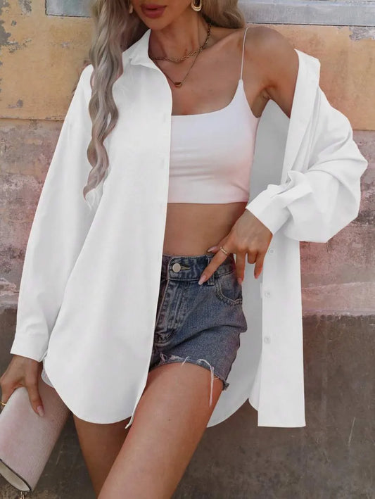 SHEIN Louniche قميص كاجوال بلون واحد بأكمام طويلة وأزرار أمامية