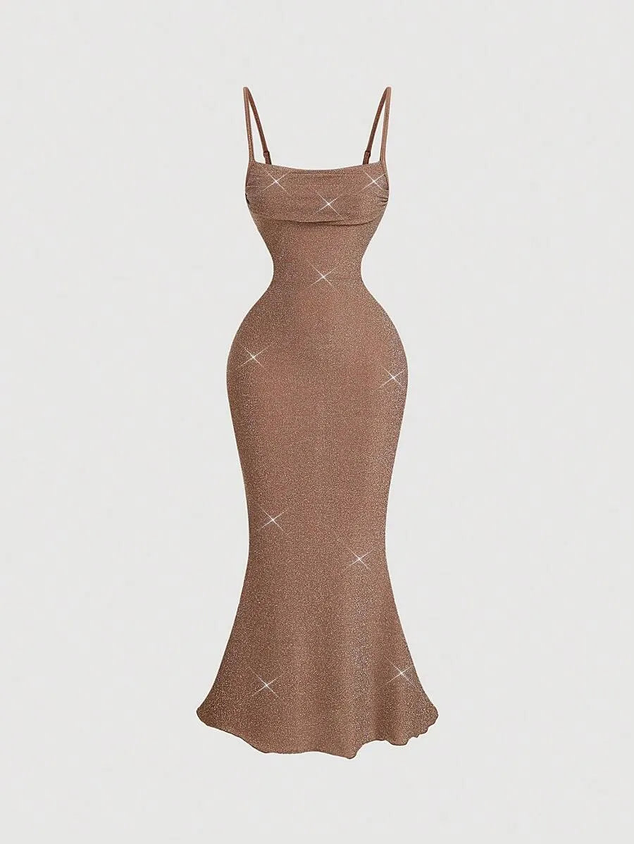 SHEIN MOD فستان نسائي بني طويل بطيات في الصدر وتصميم ذيل سمكة