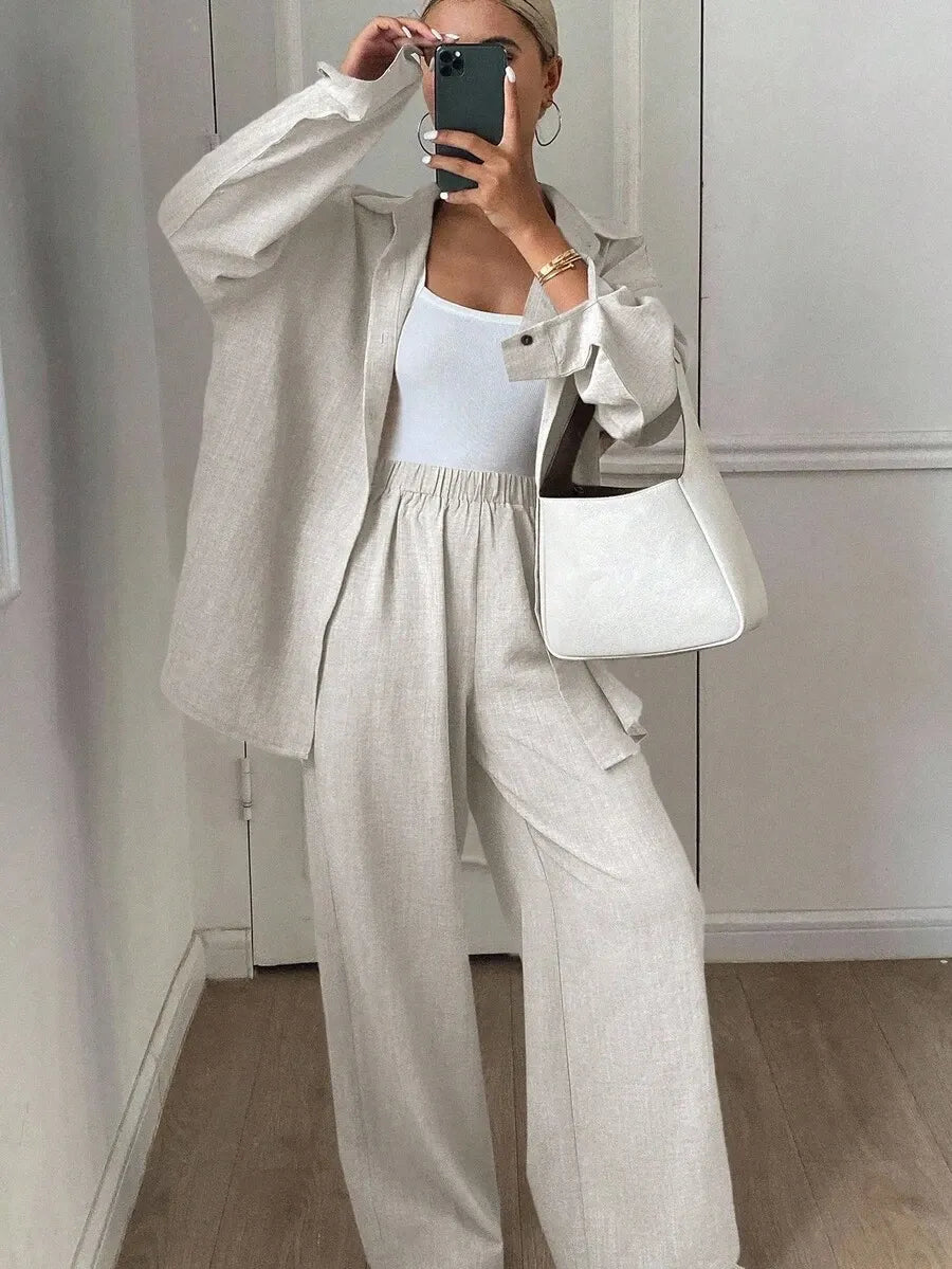 SHEIN طقم نسائي كاجوال قطعتين من الكتان الطبيعي (قميص فضفاض بأزرار + بنطلون واسع الساق)