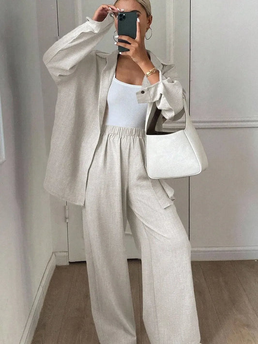 SHEIN طقم نسائي كاجوال قطعتين من الكتان الطبيعي (قميص فضفاض بأزرار + بنطلون واسع الساق)