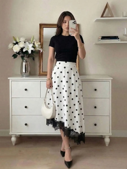 SHEIN Modelyn تنورة أنيقة بنقشة نقاط الحبر والدانتيل