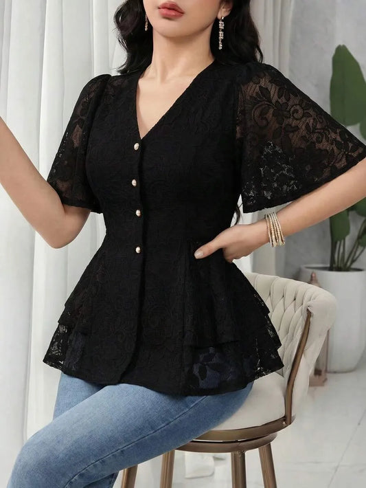 SHEIN Louniche قميص كاجوال بلون واحد بأكمام طويلة وأزرار أمامية