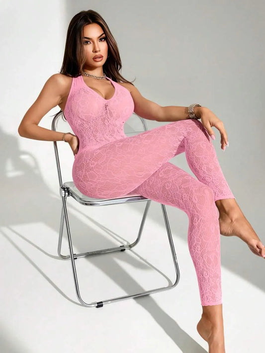 SHEIN جمبسوت لانجري نسائي شبكي شفاف بدون أكمام برقبة هالتر وفتحات مفرغة بلون وردي