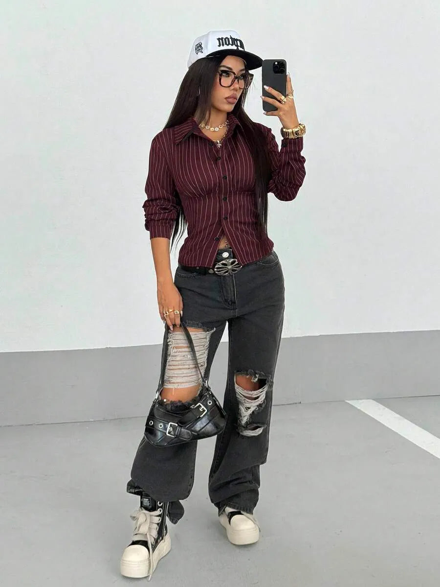 SHEIN StreetHx قميص نسائي مخطط ضيق بطراز رجعي