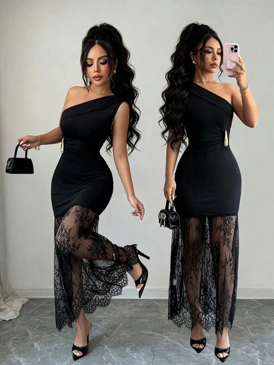 SHEIN Elenzya فستان نسائي أسود محبوك بكتف واحد بحافة دانتيل تفاصيل معدنية