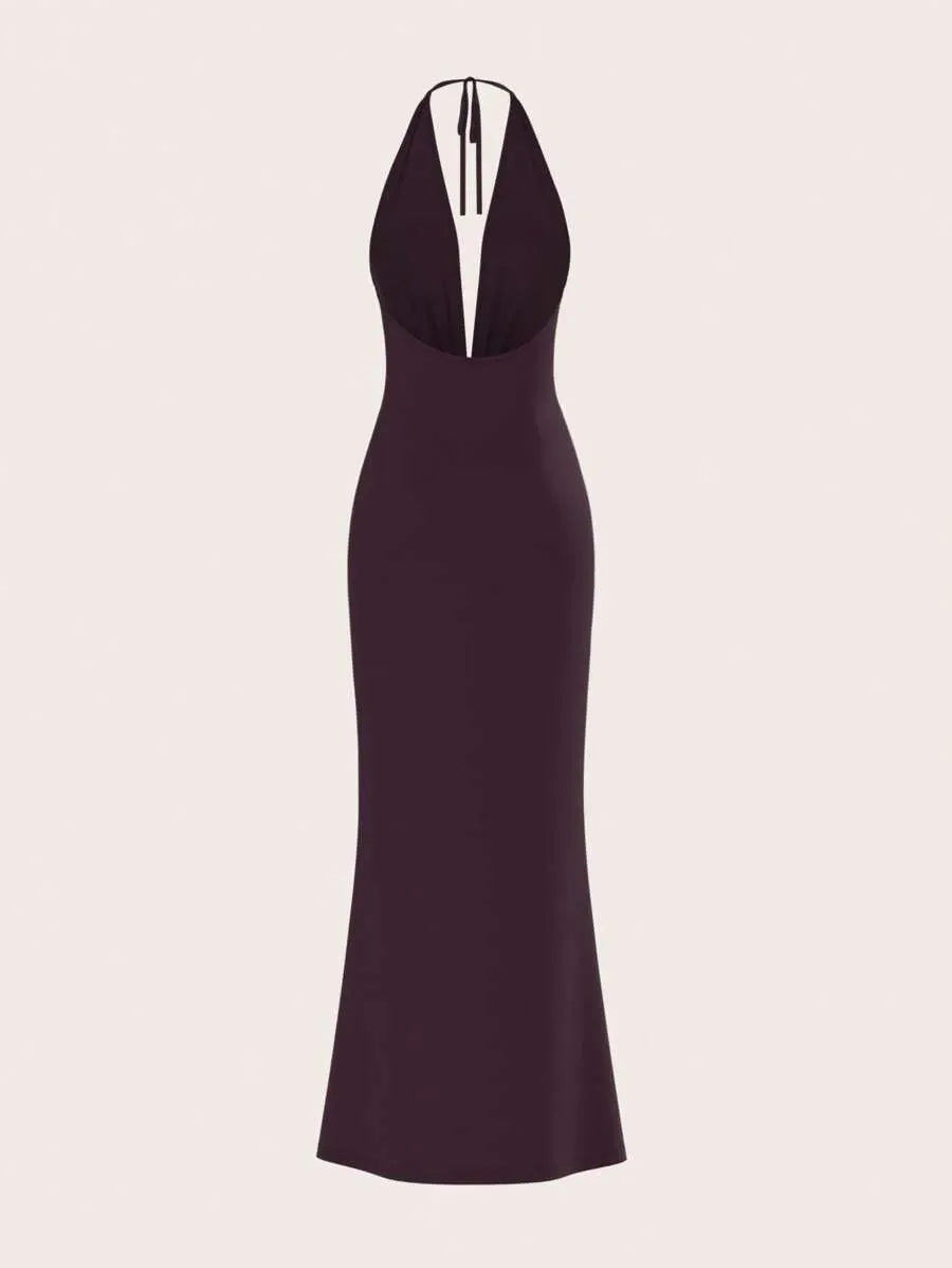 SHEIN Opulessa فستان عنابي محبوك بظهر مفتوح