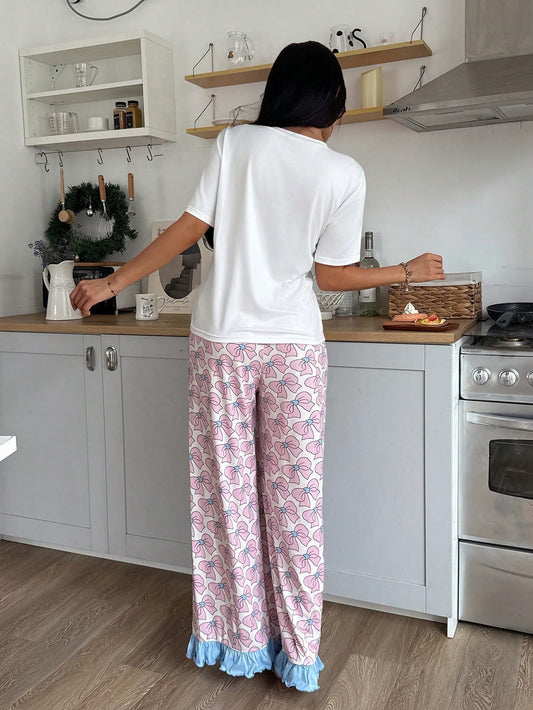 SHEIN Eraneu مجموعة بيجاما نسائية قمصان قصيرة الأكمام