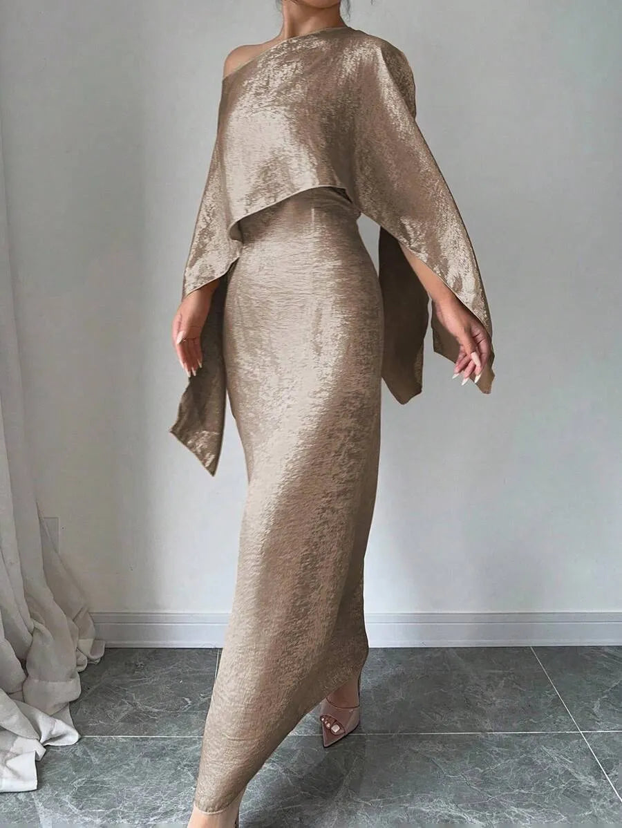 SHEIN Elenzga فستان ذهبي طويل مائل للأسيمتري